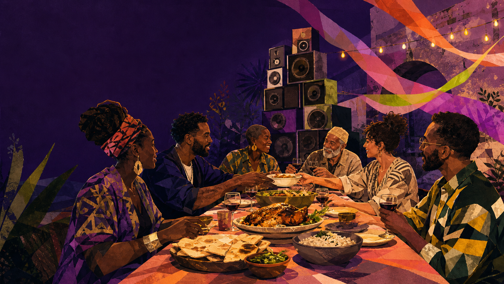 Stylised artwork of a mixed group, mostly Black diners, sharing food at a dusk table with a large sound system behind them